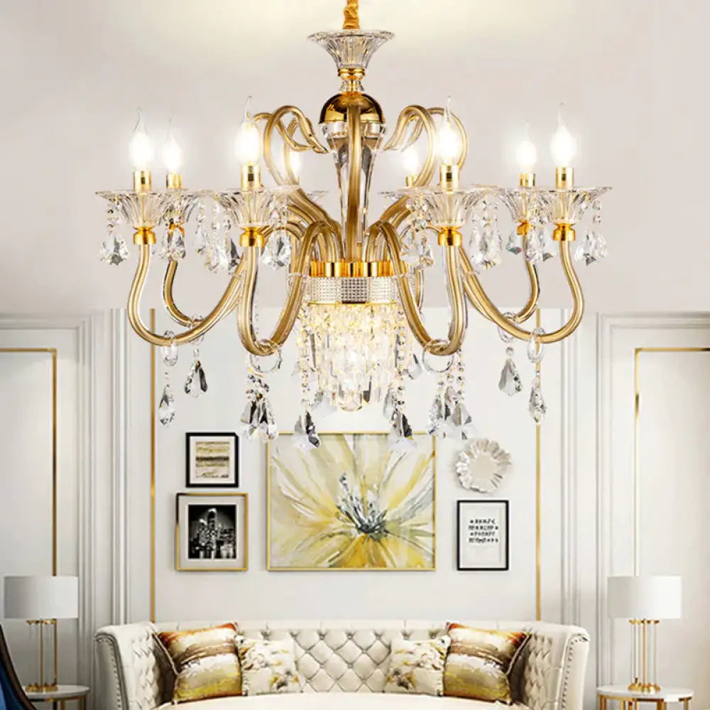 Traditional Candelabra Chandelier 6/8 Heads Metal Drop Pendant In Gold With Clear Crystal Droplet 8