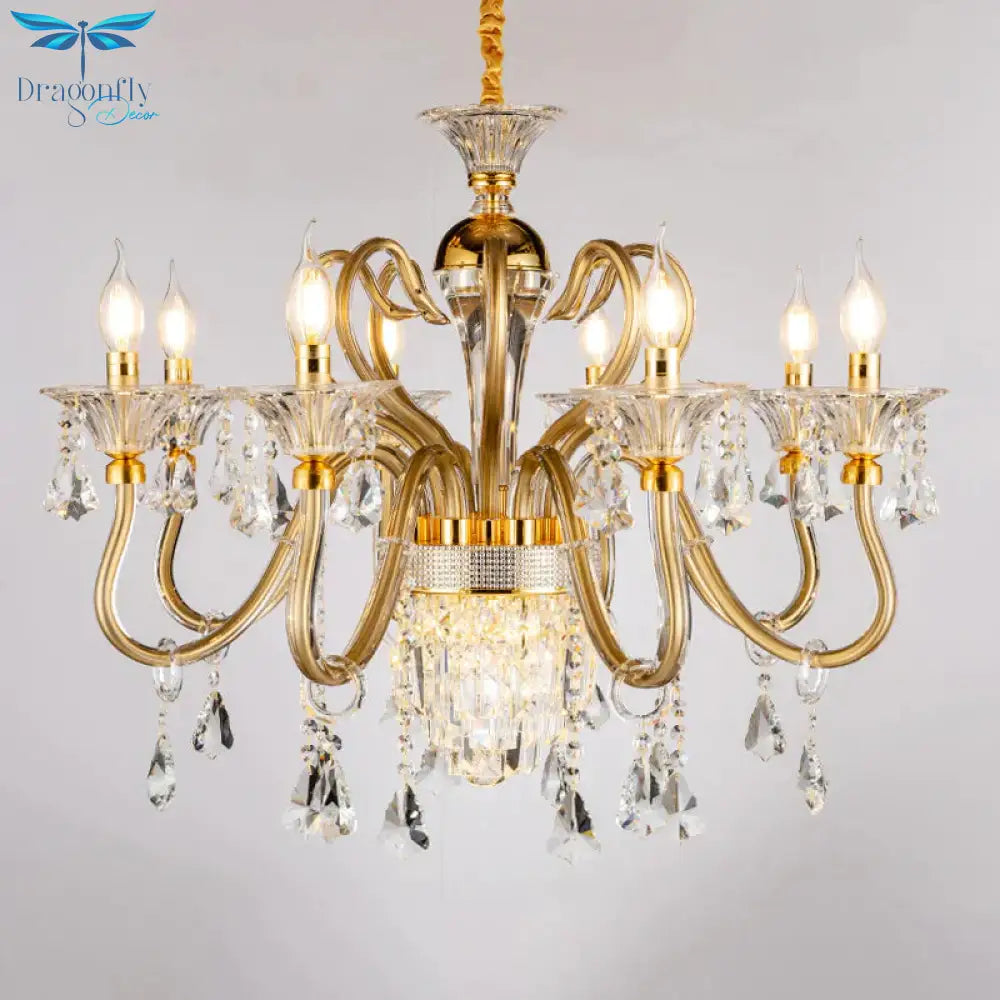 Traditional Candelabra Chandelier 6/8 Heads Metal Drop Pendant In Gold With Clear Crystal Droplet