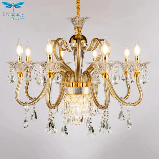 Traditional Candelabra Chandelier 6/8 Heads Metal Drop Pendant In Gold With Clear Crystal Droplet