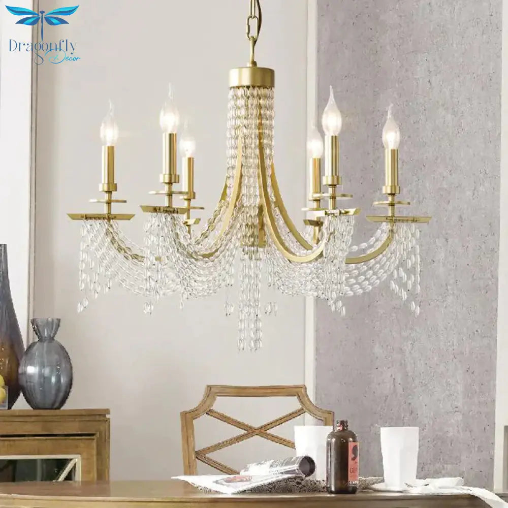 Traditional Candelabra Chandelier Lamp 6/8 Lights Crystal Drop Pendant In Gold For Bedroom