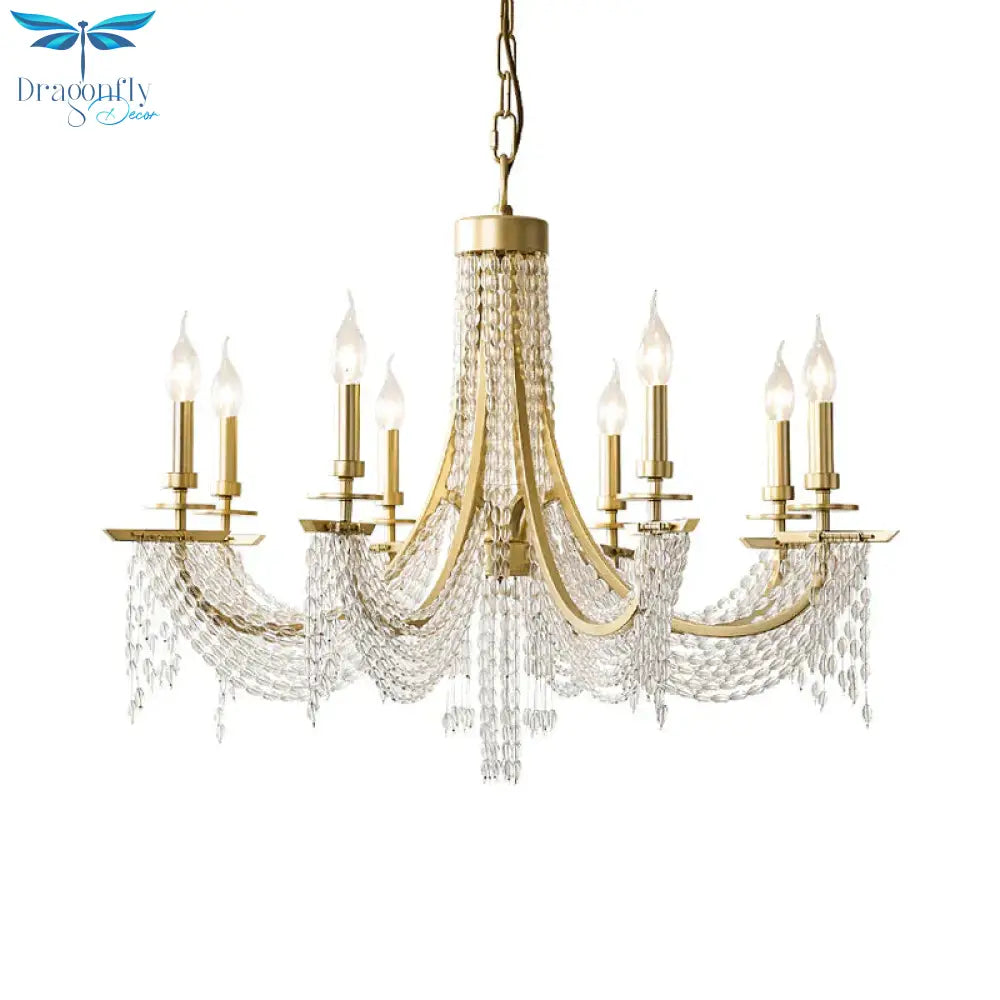 Traditional Candelabra Chandelier Lamp 6/8 Lights Crystal Drop Pendant In Gold For Bedroom