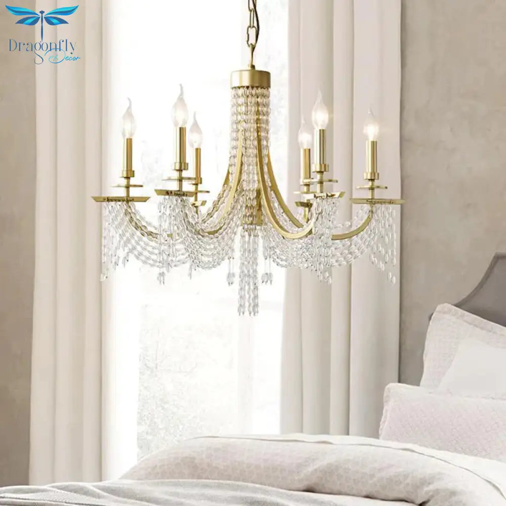 Traditional Candelabra Chandelier Lamp 6/8 Lights Crystal Drop Pendant In Gold For Bedroom