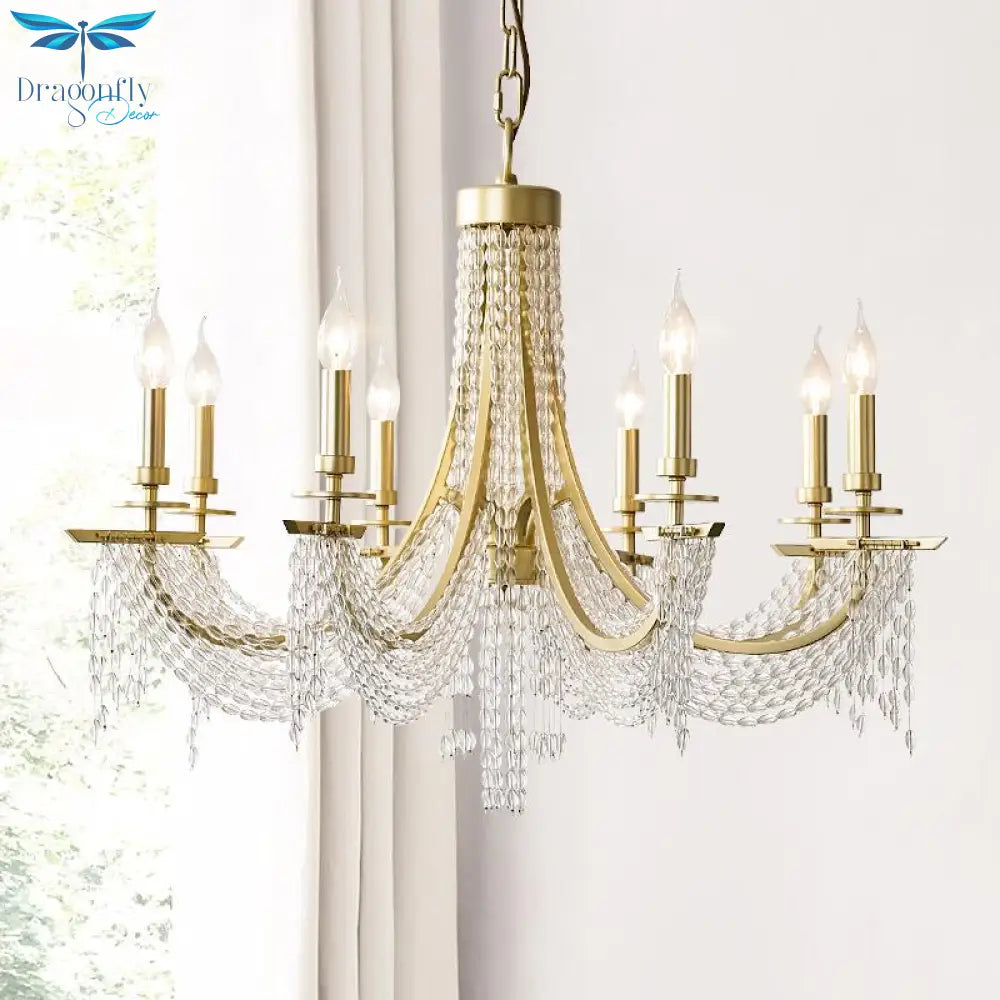 Traditional Candelabra Chandelier Lamp 6/8 Lights Crystal Drop Pendant In Gold For Bedroom