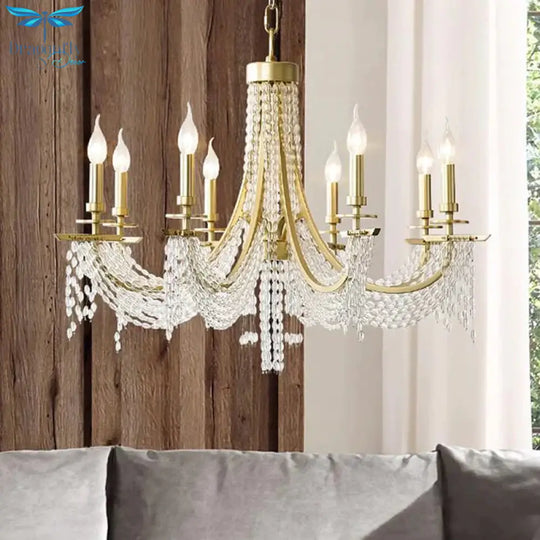 Traditional Candelabra Chandelier Lamp 6/8 Lights Crystal Drop Pendant In Gold For Bedroom
