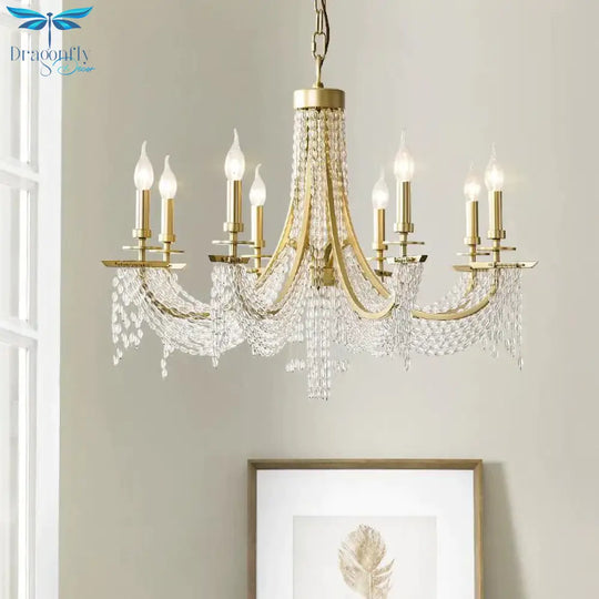 Traditional Candelabra Chandelier Lamp 6/8 Lights Crystal Drop Pendant In Gold For Bedroom