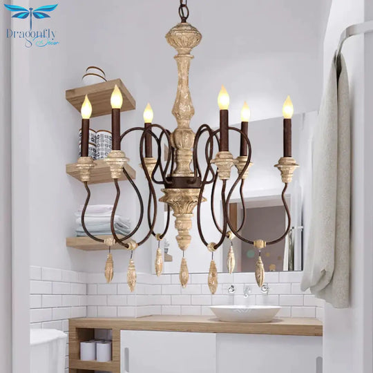 Traditional Candelabra Hanging Pendant 6 Lights Wooden Ceiling Chandelier In Ivory For Living Room