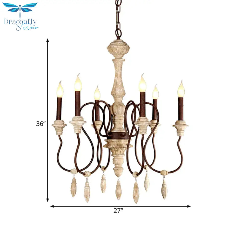 Traditional Candelabra Hanging Pendant 6 Lights Wooden Ceiling Chandelier In Ivory For Living Room