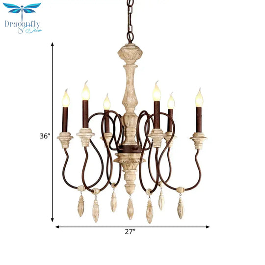 Traditional Candelabra Hanging Pendant 6 Lights Wooden Ceiling Chandelier In Ivory For Living Room