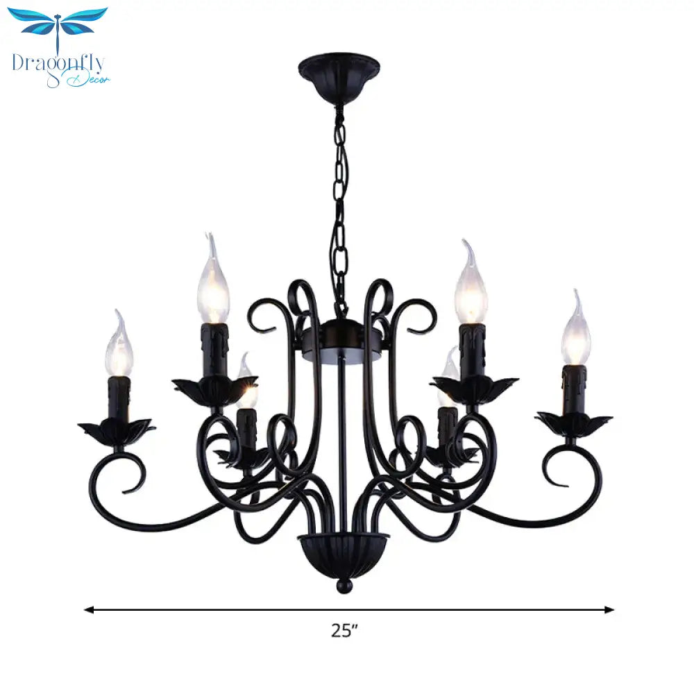 Traditional Candle Ceiling Chandelier 6 Heads Metal Hanging Light Kit In Black For Living Room