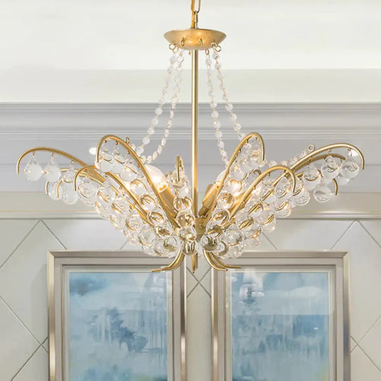 Traditional Candle Ceiling Chandelier 6 Lights Crystal Embedded Suspension Lamp In Gold For Living