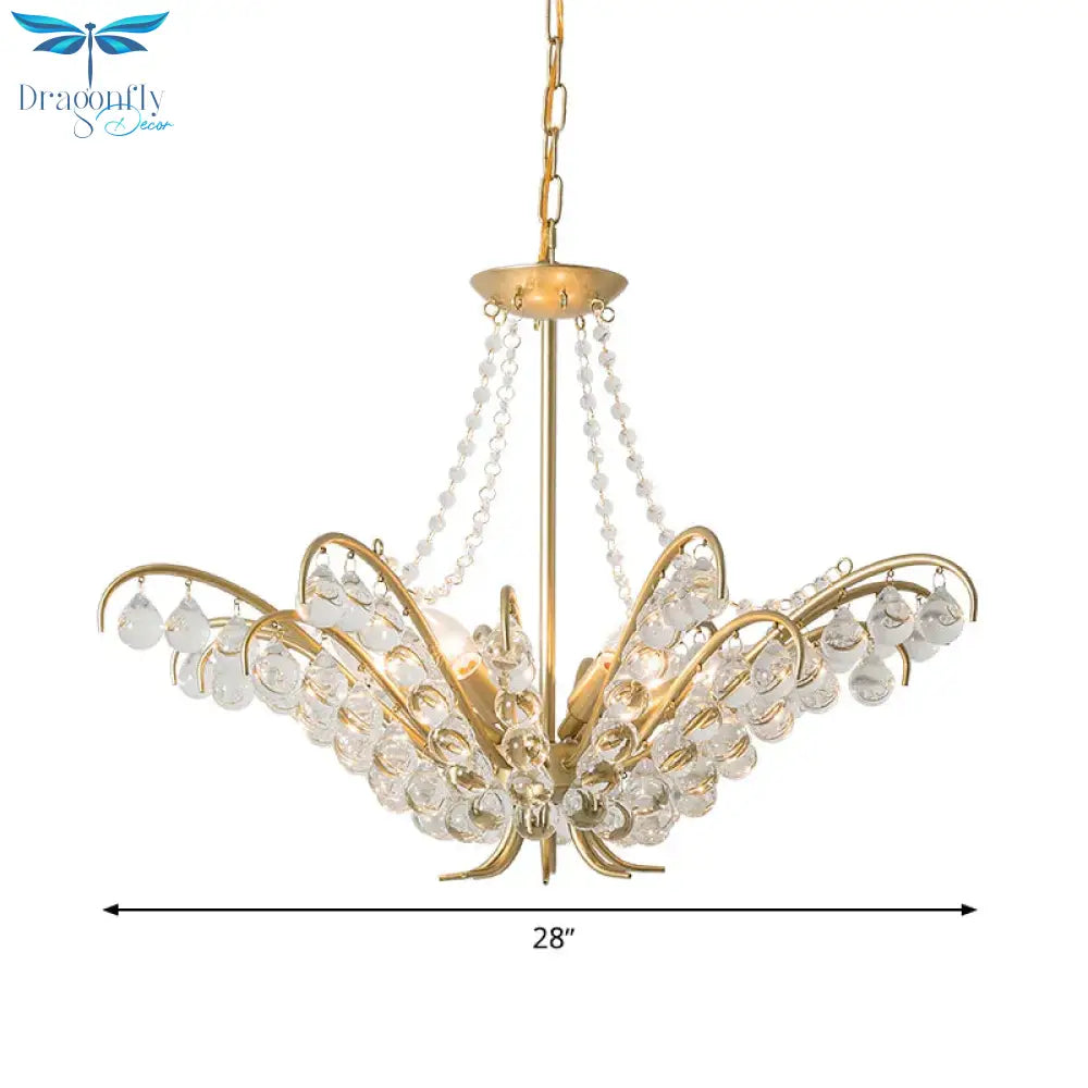 Traditional Candle Ceiling Chandelier 6 Lights Crystal Embedded Suspension Lamp In Gold For Living