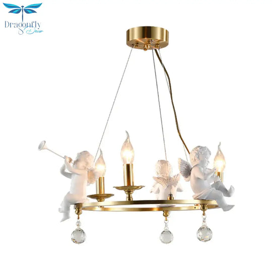 Traditional Candle Hanging Chandelier Metal 3/6/8 Bulbs Suspension Light In Brass With Angel