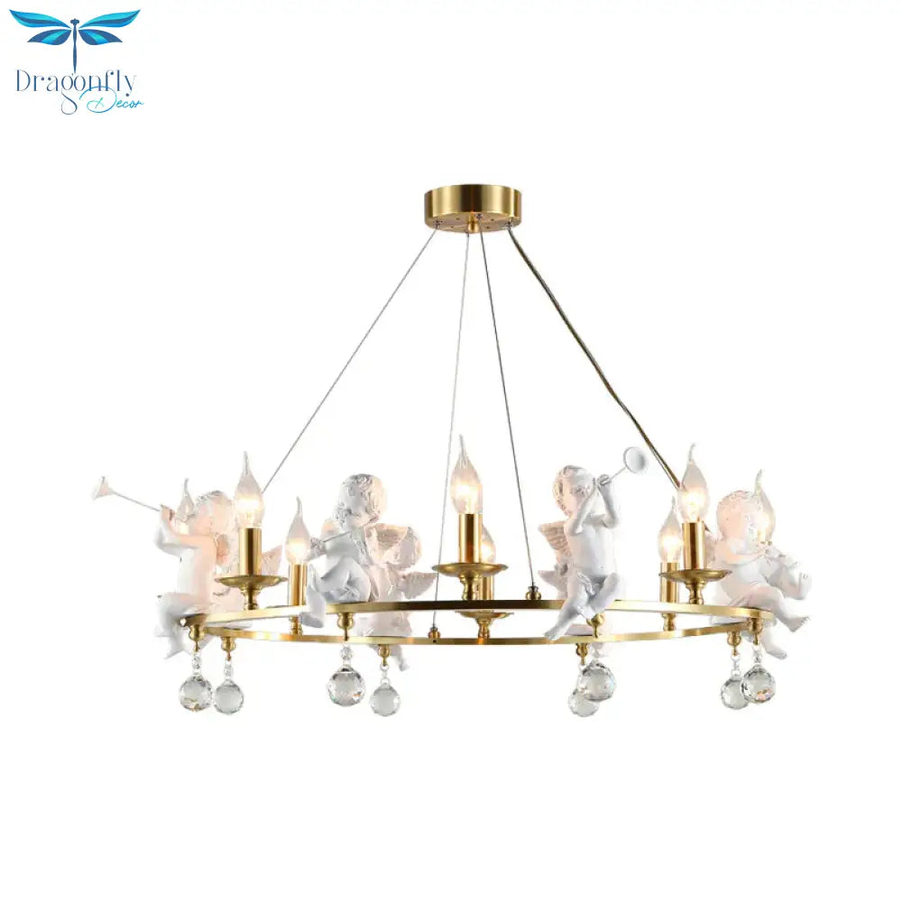 Traditional Candle Hanging Chandelier Metal 3/6/8 Bulbs Suspension Light In Brass With Angel