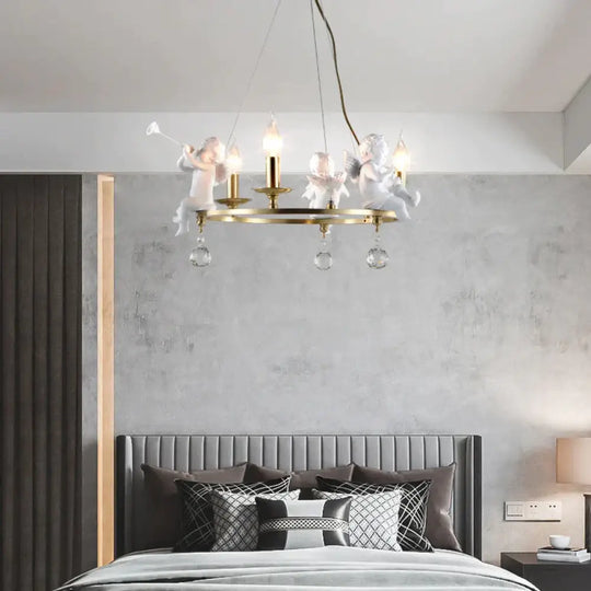 Traditional Candle Hanging Chandelier Metal 3/6/8 Bulbs Suspension Light In Brass With Angel 3 /
