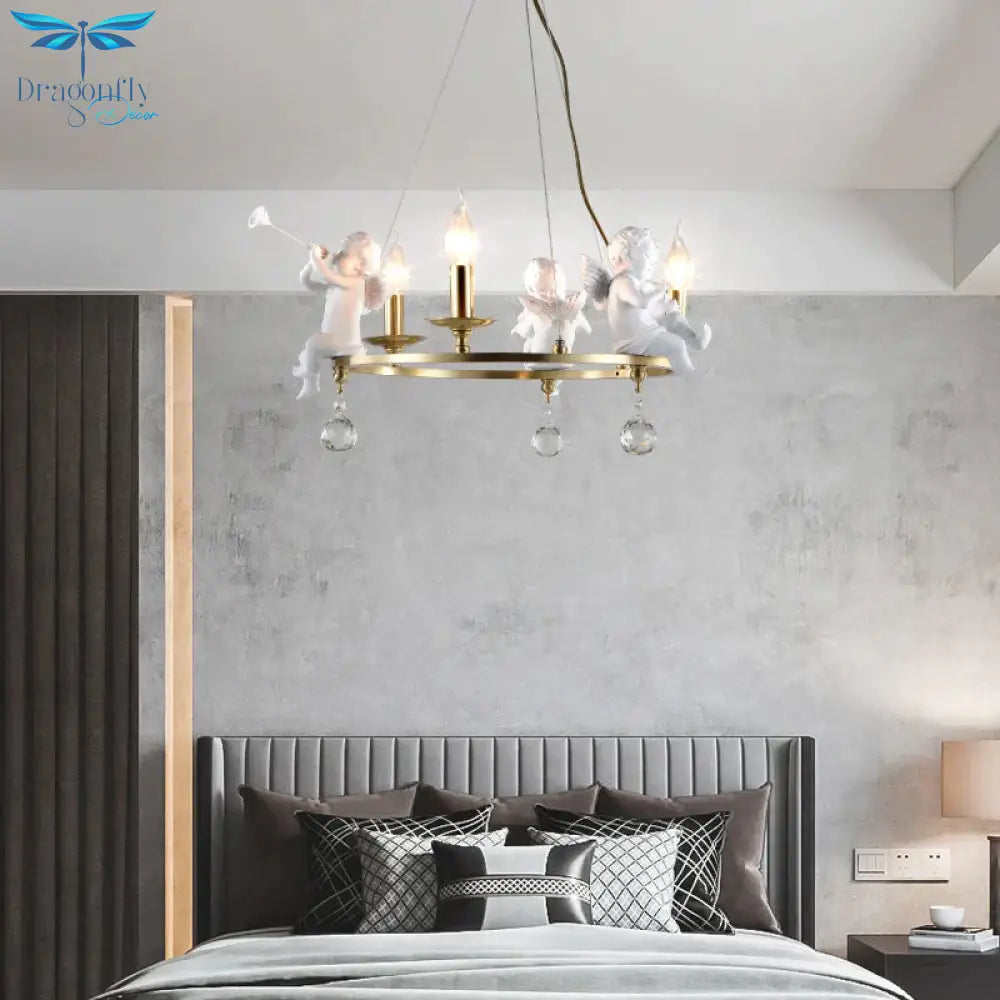 Traditional Candle Hanging Chandelier Metal 3/6/8 Bulbs Suspension Light In Brass With Angel