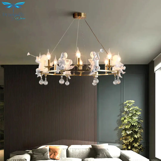 Traditional Candle Hanging Chandelier Metal 3/6/8 Bulbs Suspension Light In Brass With Angel