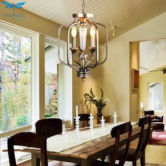 Traditional Candle Hanging Chandelier Metal 3 Bulbs Suspension Light In Aged Silver For Dining Room