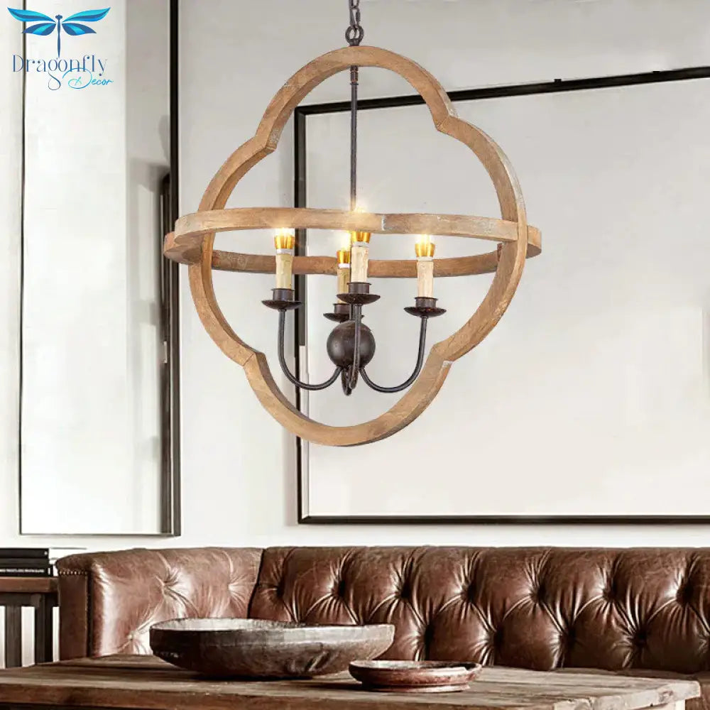 Traditional Candle Hanging Chandelier Wood 4 Bulbs Suspension Light In Beige For Restaurant