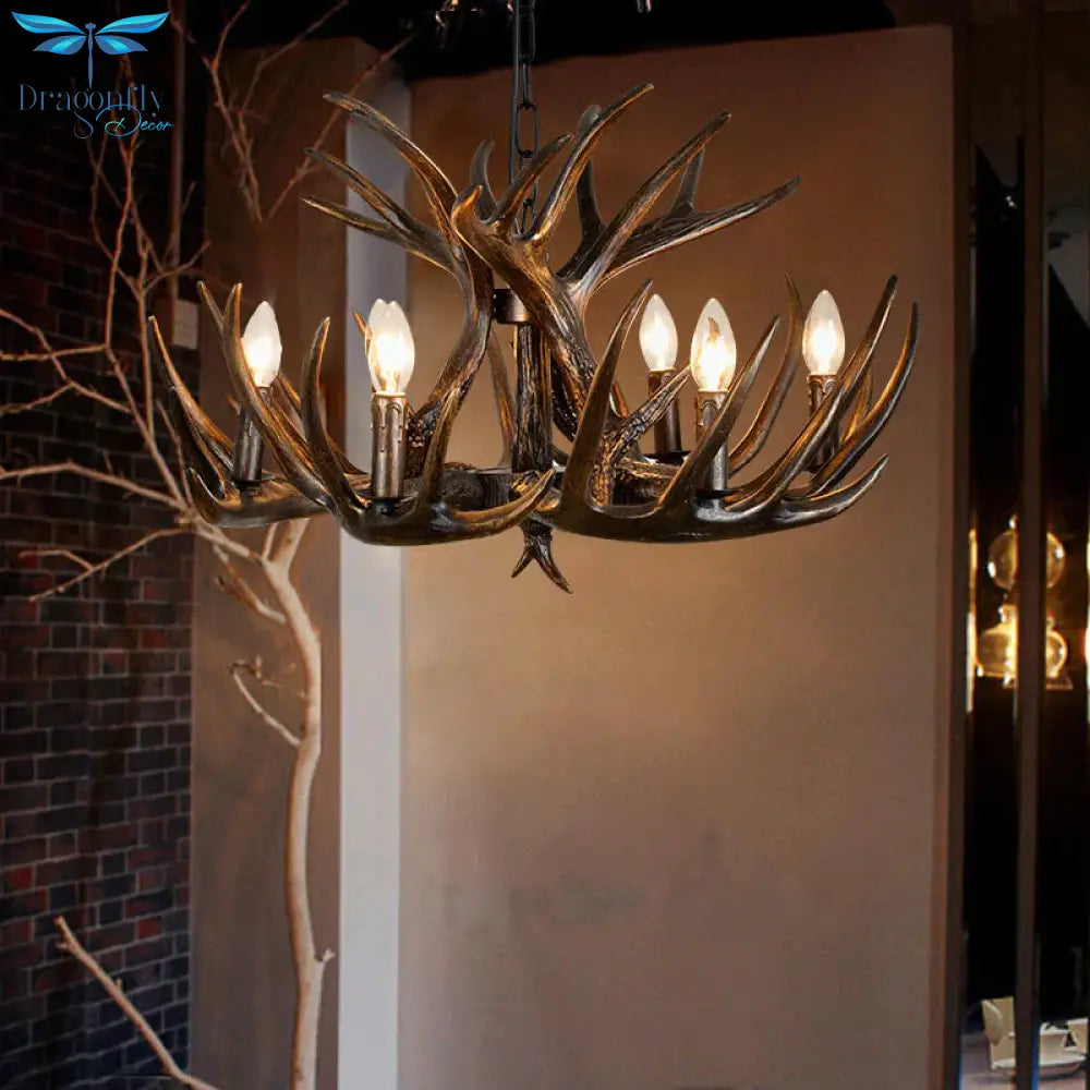 Traditional Candle Hanging Lamp 4/6/9 Bulbs Resin Chandelier Light Fixture With Deer Antler In Brown