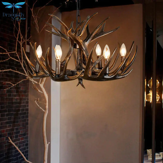 Traditional Candle Hanging Lamp 4/6/9 Bulbs Resin Chandelier Light Fixture With Deer Antler In Brown