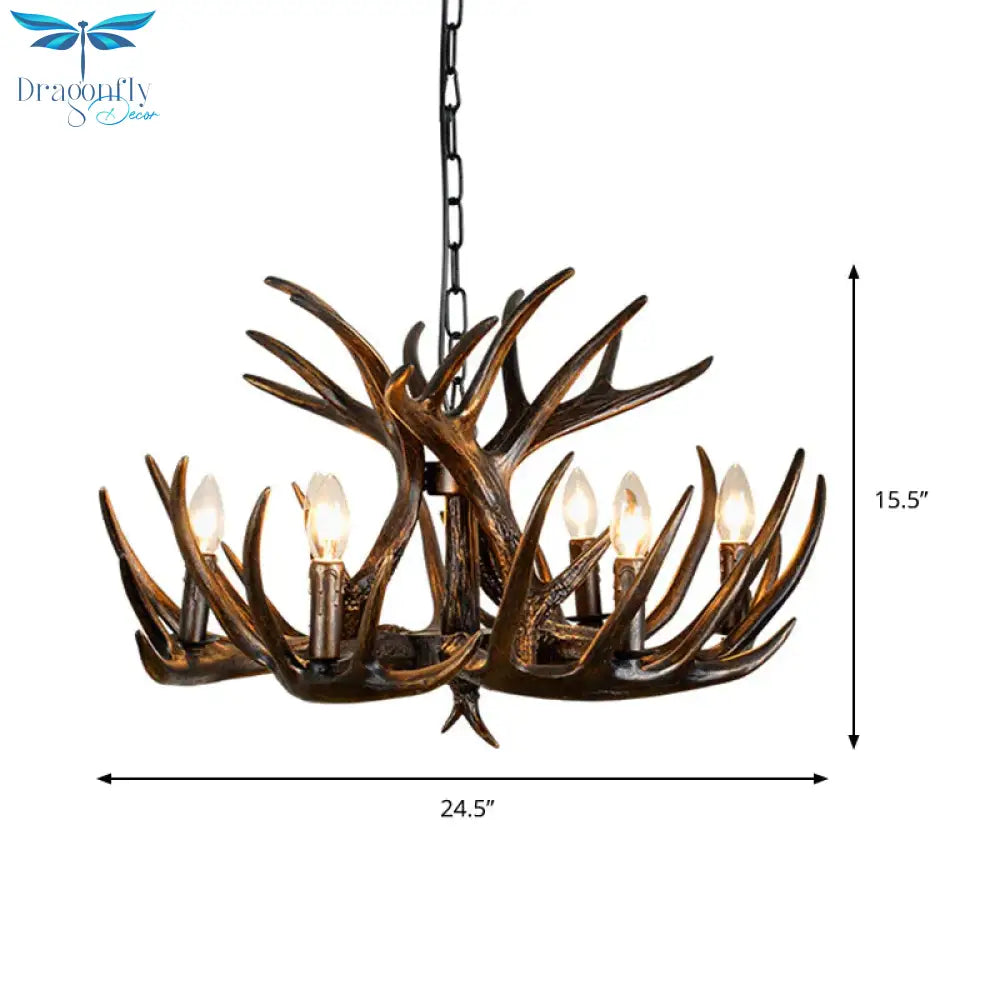 Traditional Candle Hanging Lamp 4/6/9 Bulbs Resin Chandelier Light Fixture With Deer Antler In Brown