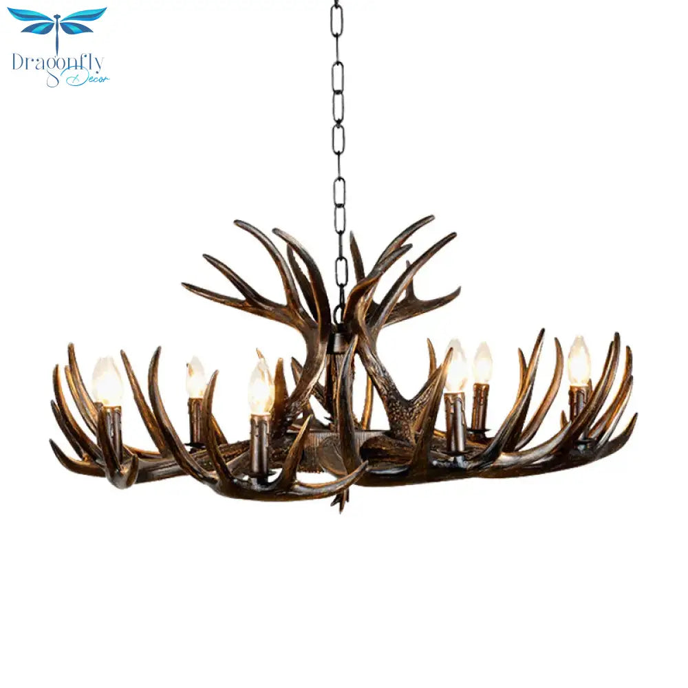 Traditional Candle Hanging Lamp 4/6/9 Bulbs Resin Chandelier Light Fixture With Deer Antler In Brown