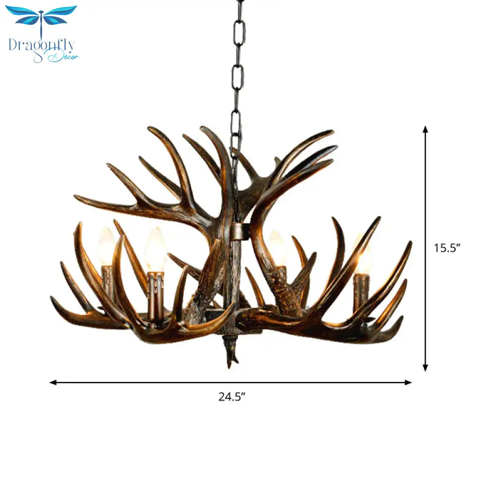 Traditional Candle Hanging Lamp 4/6/9 Bulbs Resin Chandelier Light Fixture With Deer Antler In Brown