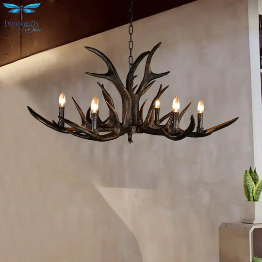 Traditional Candle Hanging Lamp 6/10/15 Bulbs Resin Chandelier Light Fixture In Black For Store