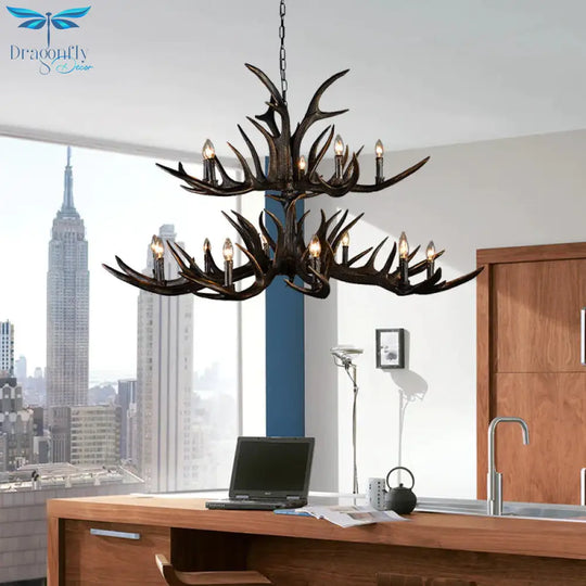Traditional Candle Hanging Lamp 6/10/15 Bulbs Resin Chandelier Light Fixture In Black For Store