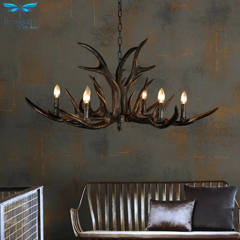 Traditional Candle Hanging Lamp 6/10/15 Bulbs Resin Chandelier Light Fixture In Black For Store