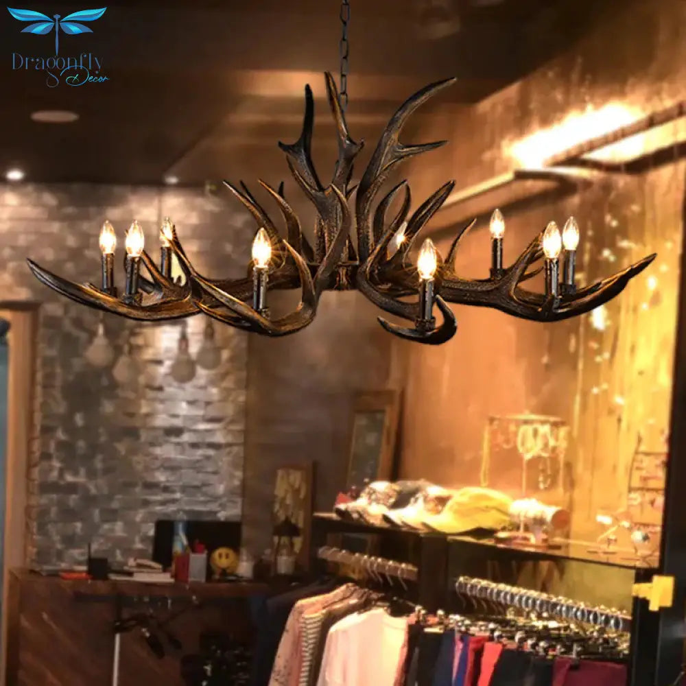 Traditional Candle Hanging Lamp 6/10/15 Bulbs Resin Chandelier Light Fixture In Black For Store