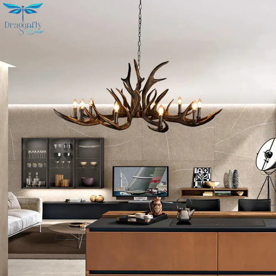 Traditional Candle Hanging Lamp 6/10/15 Bulbs Resin Chandelier Light Fixture In Black For Store