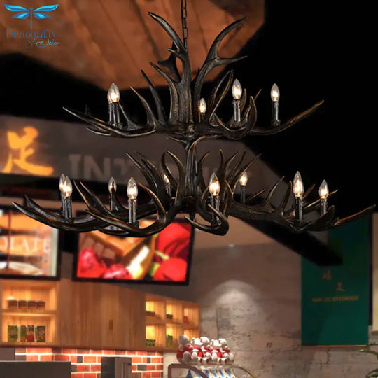 Traditional Candle Hanging Lamp 6/10/15 Bulbs Resin Chandelier Light Fixture In Black For Store