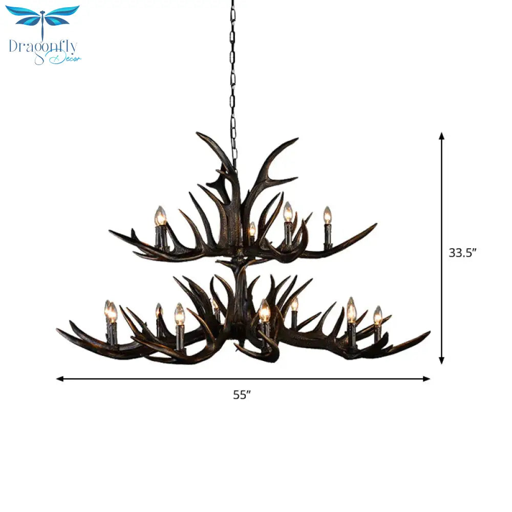 Traditional Candle Hanging Lamp 6/10/15 Bulbs Resin Chandelier Light Fixture In Black For Store
