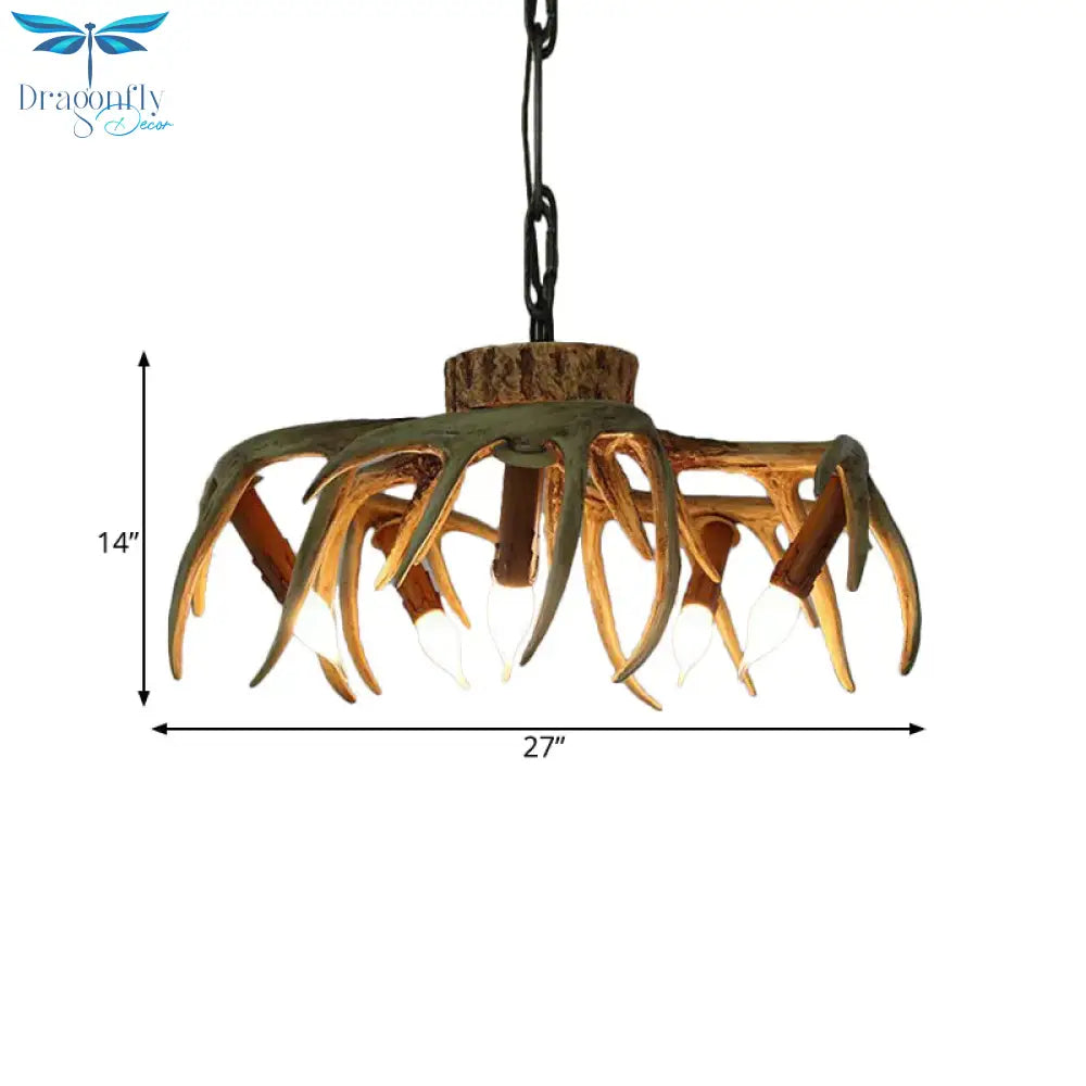 Traditional Candle Hanging Lamp 6 Bulbs Resin Chandelier Light Fixture In Brown For Restaurant