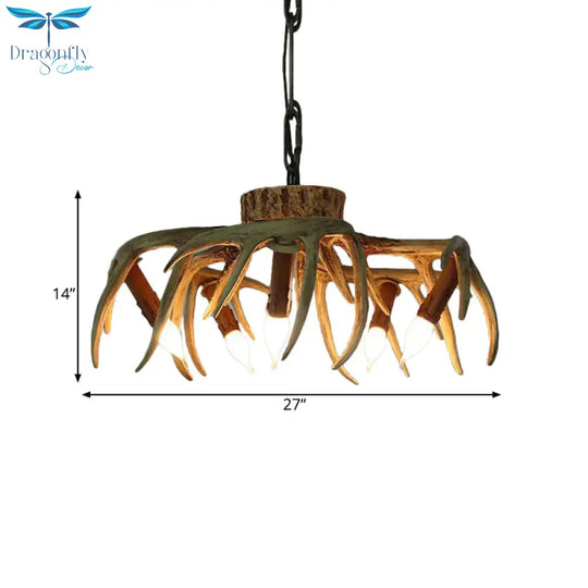 Traditional Candle Hanging Lamp 6 Bulbs Resin Chandelier Light Fixture In Brown For Restaurant