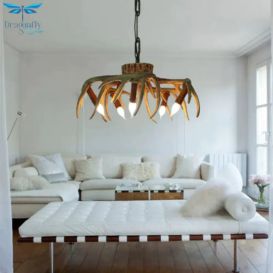 Traditional Candle Hanging Lamp 6 Bulbs Resin Chandelier Light Fixture In Brown For Restaurant