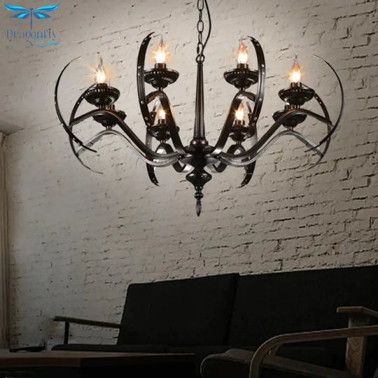Traditional Candle Hanging Lamp 8 Bulbs Iron Chandelier Light Fixture With Curvy Arm In Black