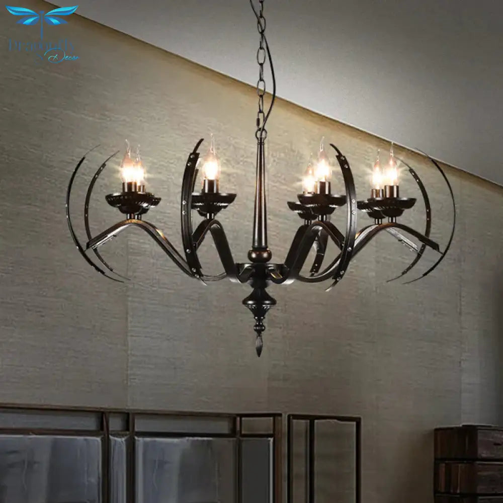 Traditional Candle Hanging Lamp 8 Bulbs Iron Chandelier Light Fixture With Curvy Arm In Black