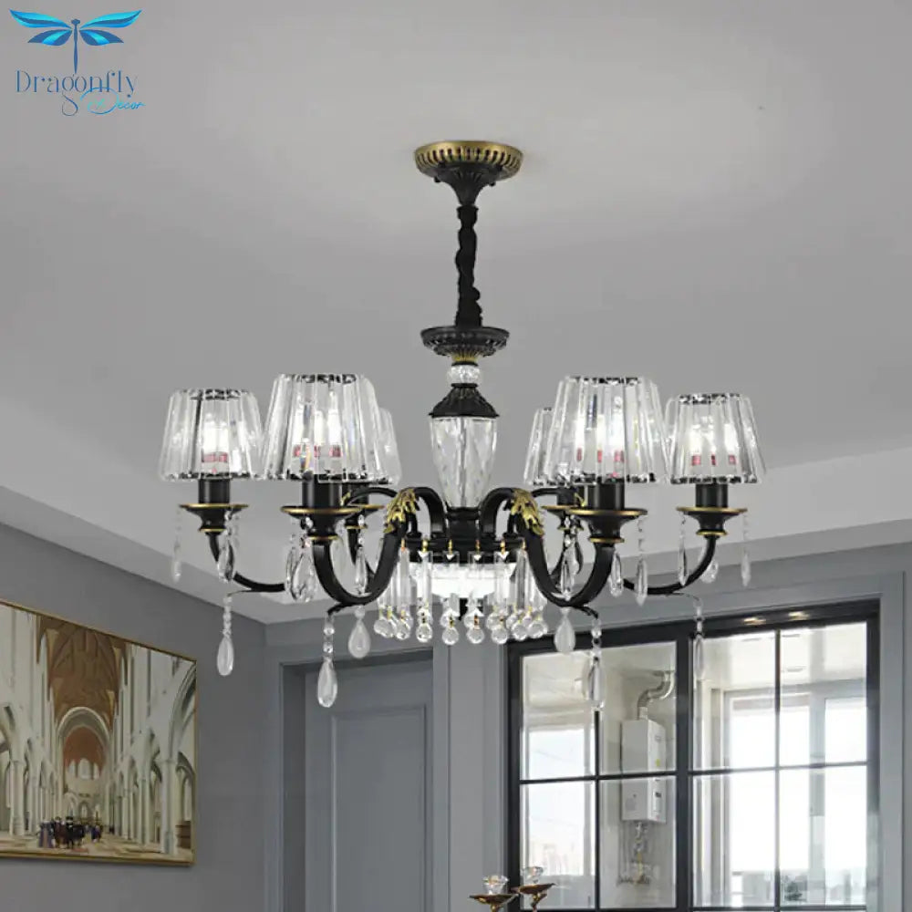 Traditional Cone Down Lighting 6/8 Heads Clear Crystal Glass Chandelier Light Fixture In Black With