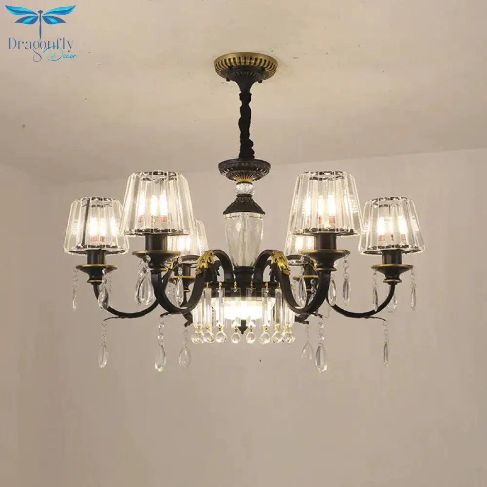 Traditional Cone Down Lighting 6/8 Heads Clear Crystal Glass Chandelier Light Fixture In Black With
