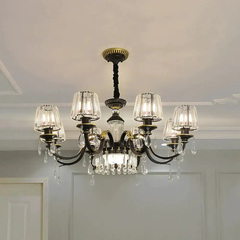 Traditional Cone Down Lighting 6/8 Heads Clear Crystal Glass Chandelier Light Fixture In Black With