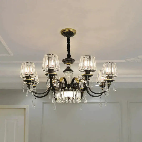 Traditional Cone Down Lighting 6/8 Heads Clear Crystal Glass Chandelier Light Fixture In Black With