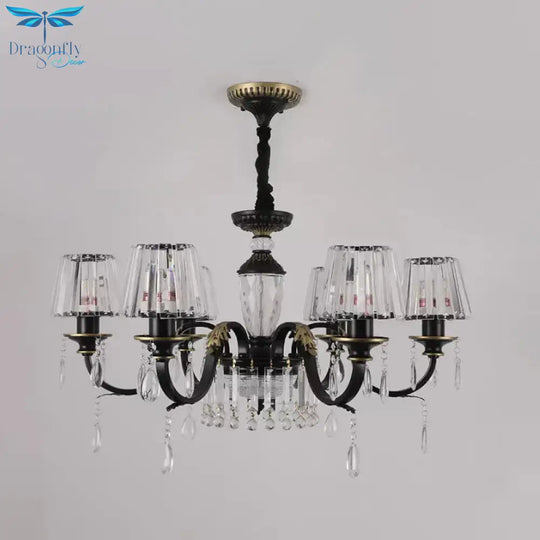 Traditional Cone Down Lighting 6/8 Heads Clear Crystal Glass Chandelier Light Fixture In Black With