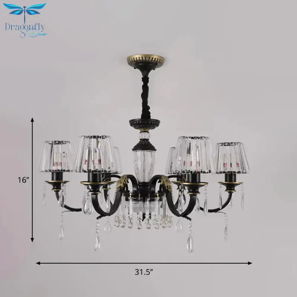 Traditional Cone Down Lighting 6/8 Heads Clear Crystal Glass Chandelier Light Fixture In Black With
