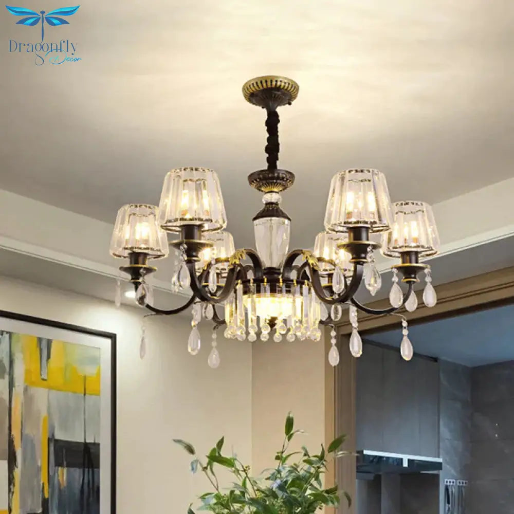 Traditional Cone Down Lighting 6/8 Heads Clear Crystal Glass Chandelier Light Fixture In Black With