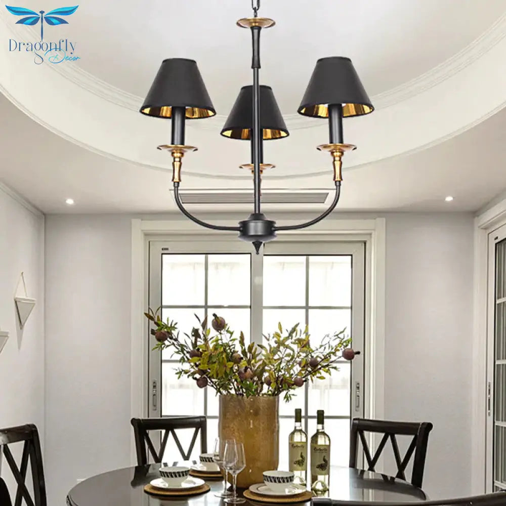 Traditional Cone Shape Chandelier 3/4/6 - Head Fabric Hanging Pendant In Black/Chrome With Swooping