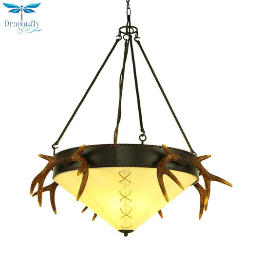 Traditional Cone Shaped Hanging Lamp 3 Bulbs Fabric Chandelier Light Fixture In White/Yellow For