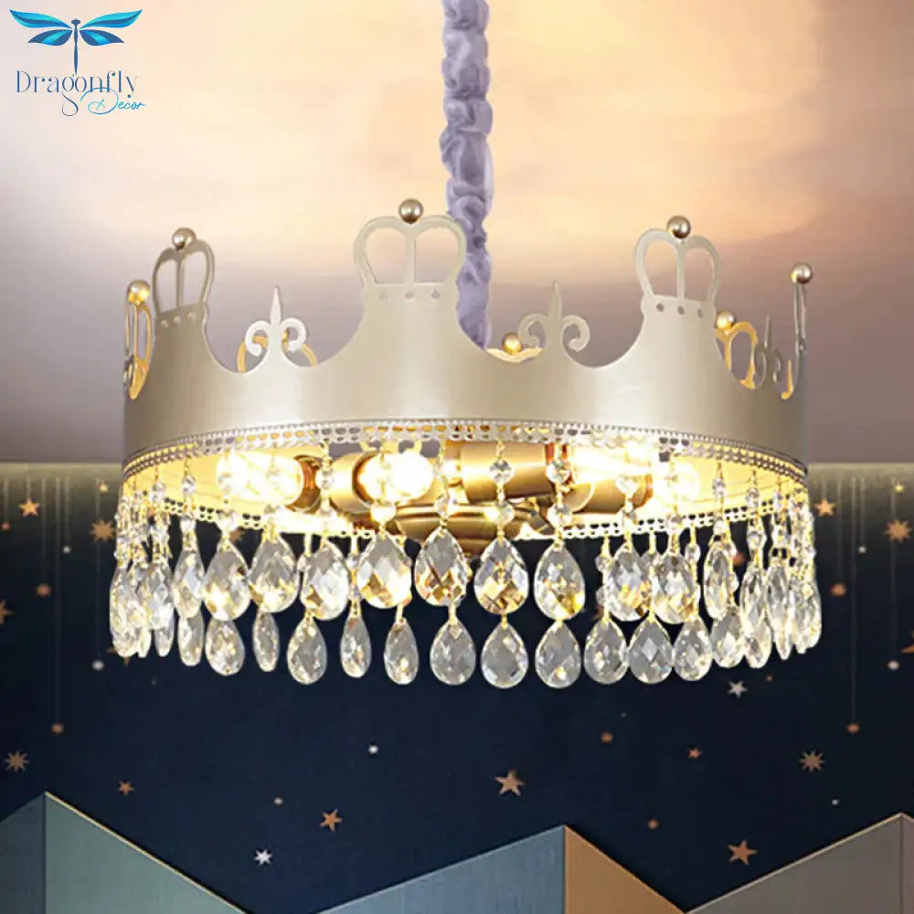 Traditional Crown Chandelier Lamp 6 Heads Clear Crystal Accents Suspension Light In Gold