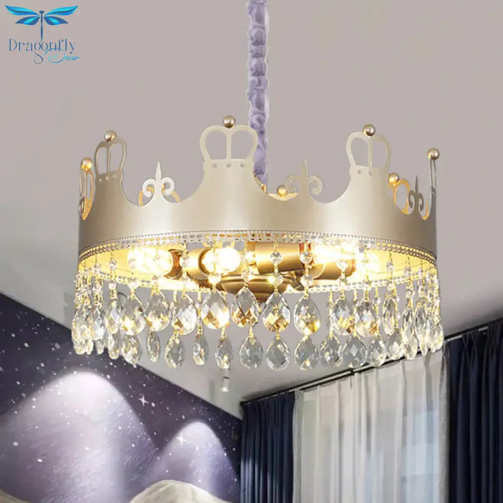 Traditional Crown Chandelier Lamp 6 Heads Clear Crystal Accents Suspension Light In Gold